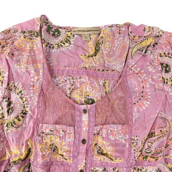 Vintage American Boho Pink Paisley Tunic Top With Lace Accents Drawstring JH1806 - Picture 2 of 7